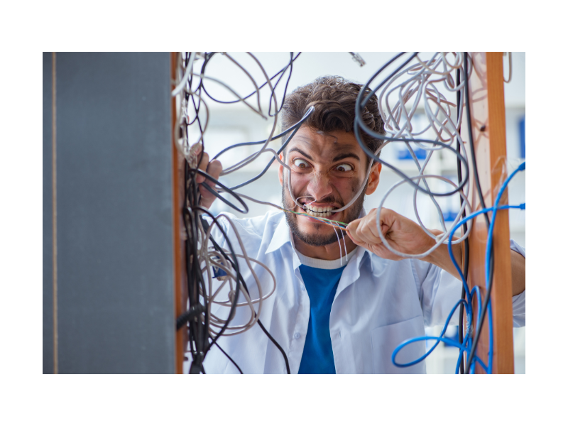 a stressed out man in a server closet with a lot of wires all around him