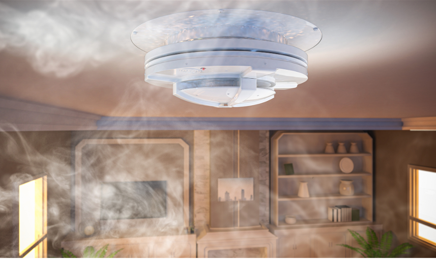 Picture of a smoke detector surrounded by smoke to secure your home.